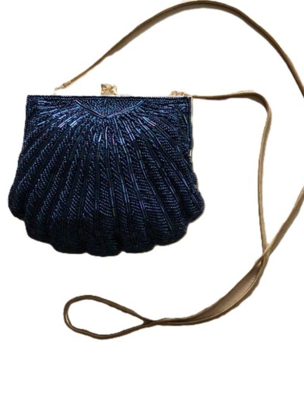 Vintage Handmade Blue Beaded Clamshell Evening Bag